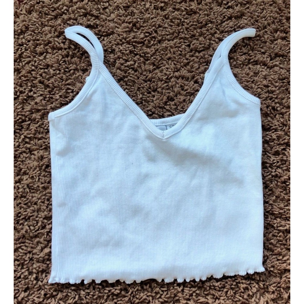 Collusion White Ribbed V-Neck Cami Tank Top Lettuce‎ Edge Hem US 4 09829212 NWOT